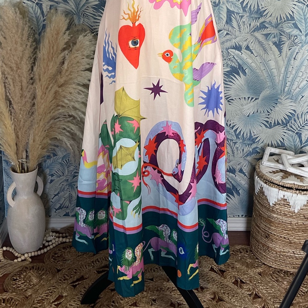 Abstract Midi Length Comfortable Sundress with Adjustable Straps and Pockets - Picture 6 of 8